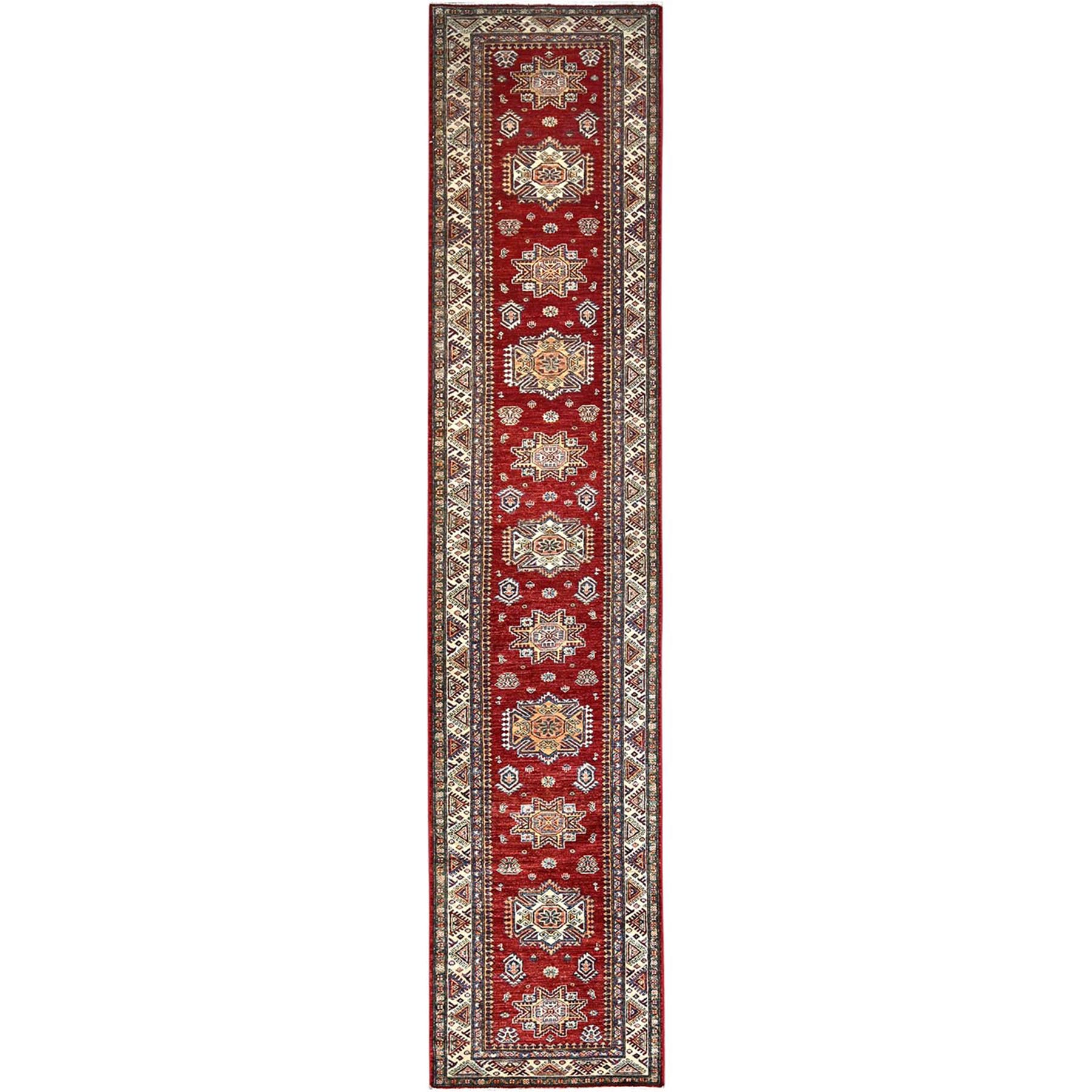 Ruby Red With Origami White, Afghan Super Kazak With Geometric Motifs, Natural Dyes, Densely Woven, All Wool, Hand Knotted, Runner Oriental Rug